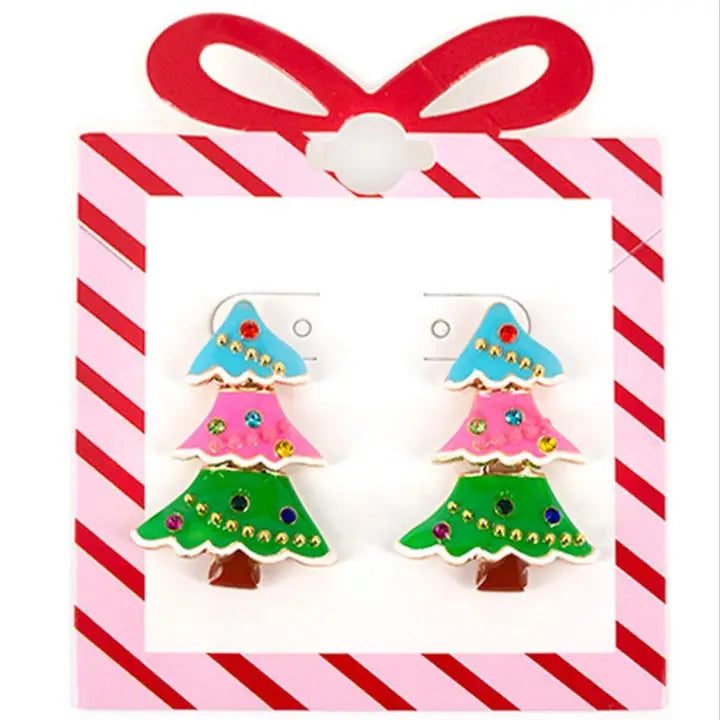 Tiered Christmas Tree Earrings - Pink