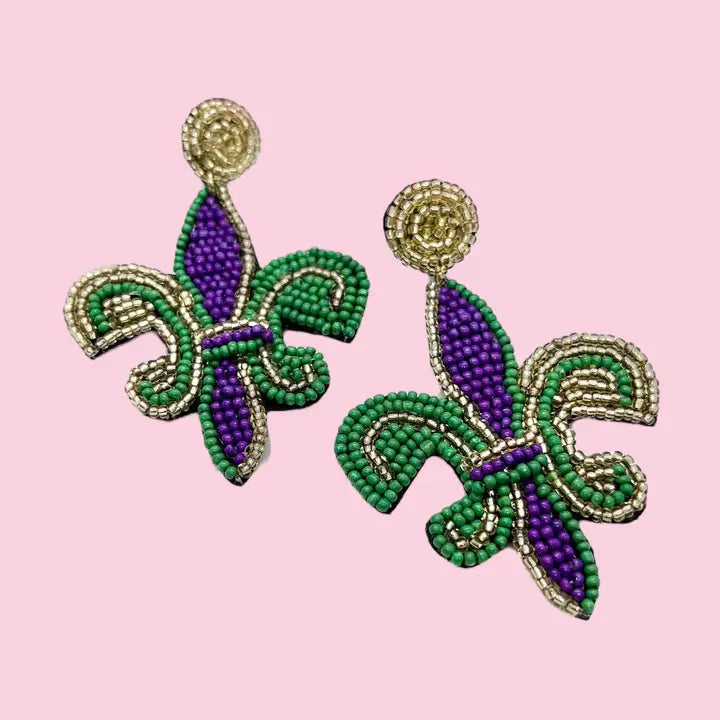 Fleur De Lis Beaded Earrings - Mardi Gras Purple
