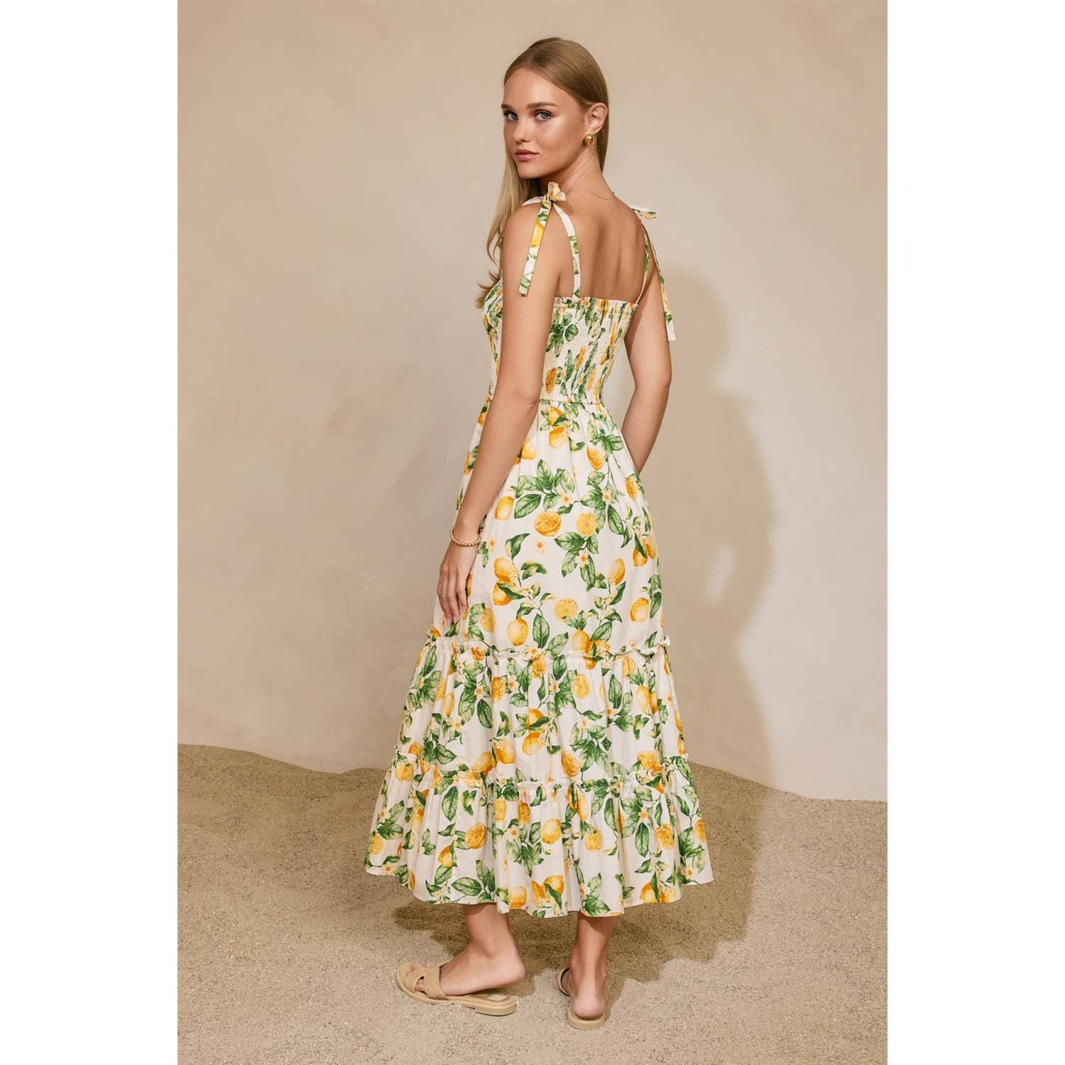 Lemon Tie Shoulder Tiered Dress