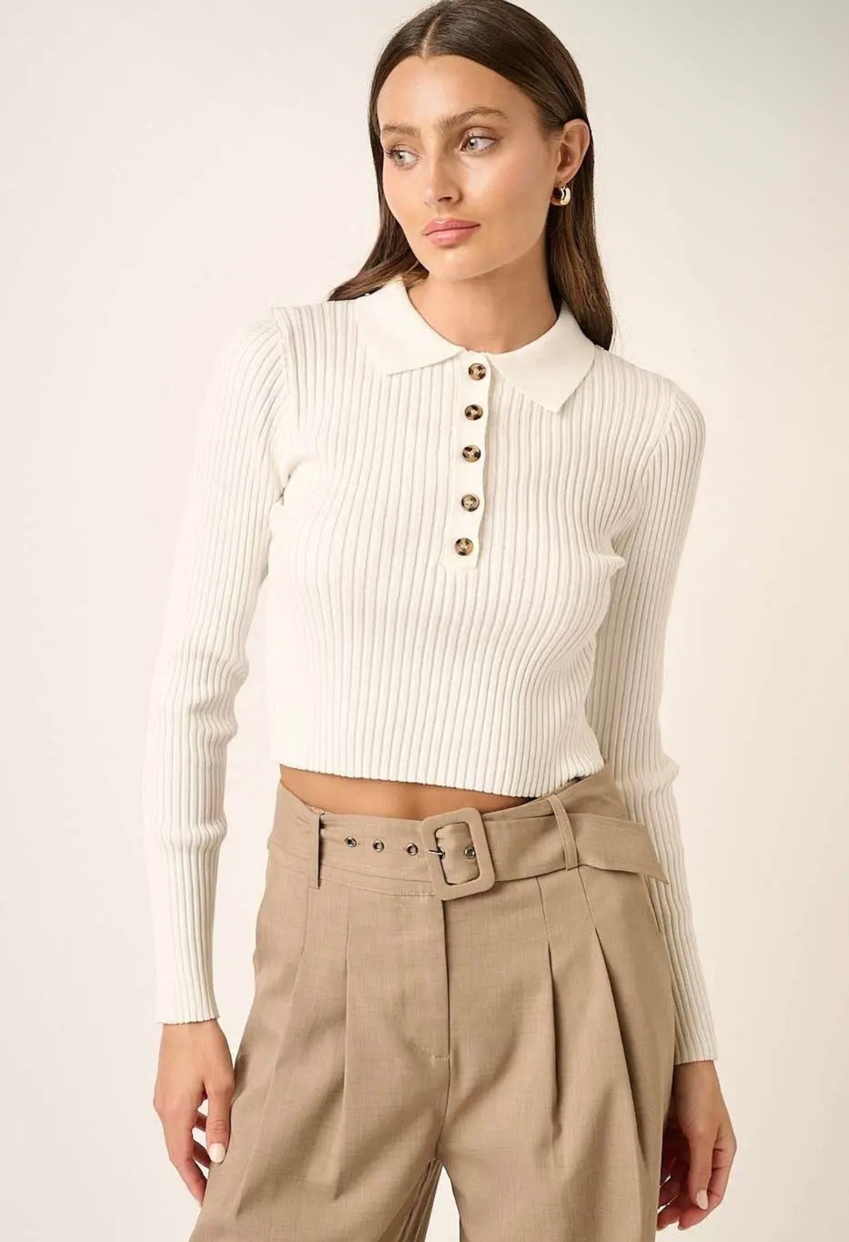 Polo Knit Cropped Top - Ivory