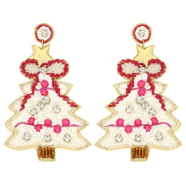 Christmas Tree Beaded Earrings - White