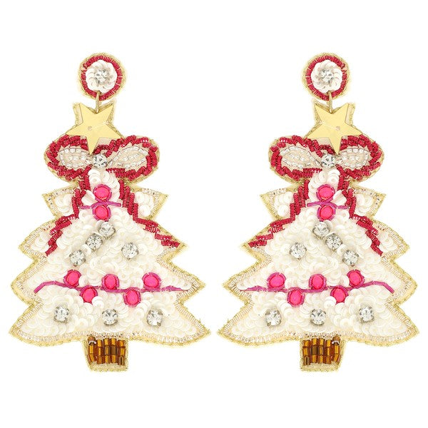 Christmas Tree Beaded Earrings - White