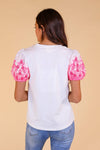 White Top With Pink Eyelet Sleeves