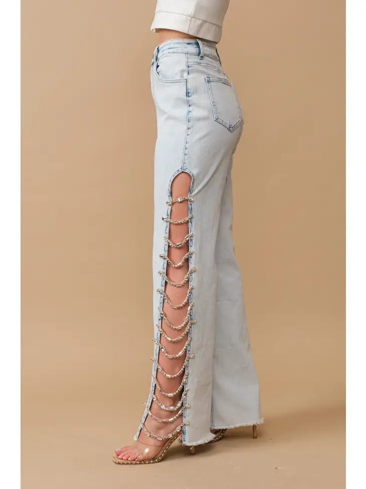 Jeweled Side Cut Jeans - Light Wash - Glam Rodeo