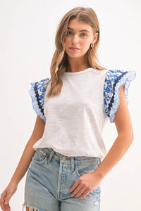 Floral Striped Sleeve Blouse - Blue