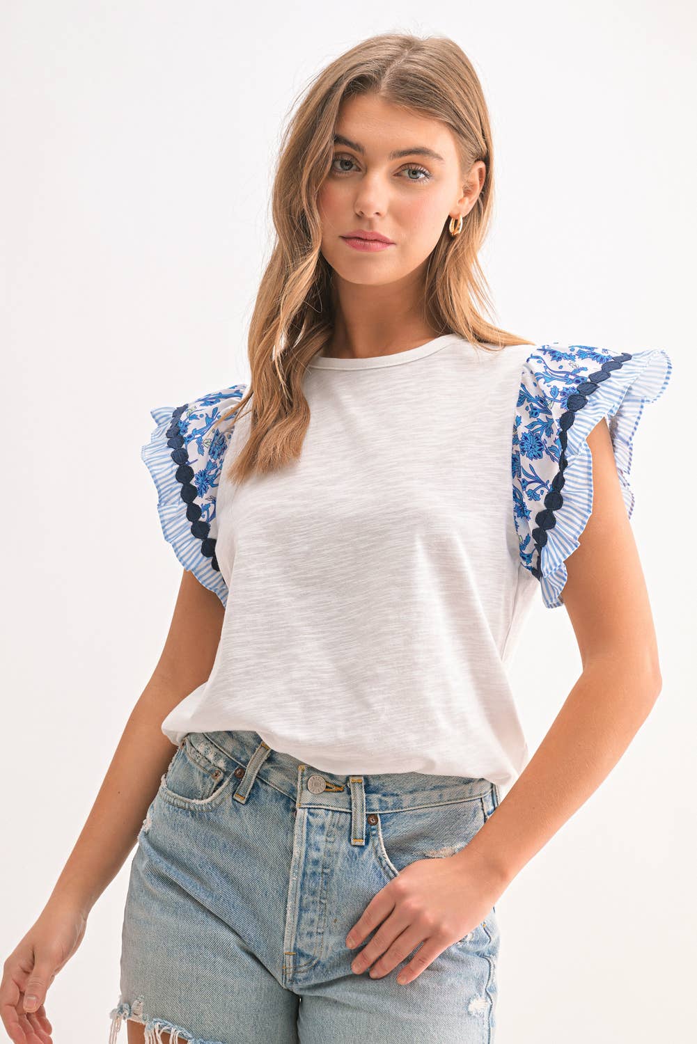 Floral Striped Sleeve Blouse - Blue