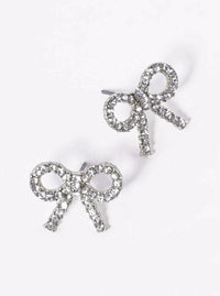 Rhinestone Bow Earrings - Silver