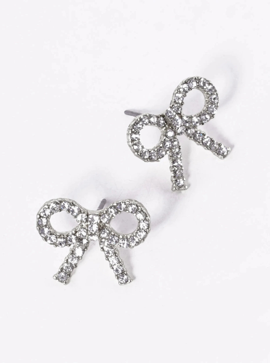 Rhinestone Bow Earrings - Silver