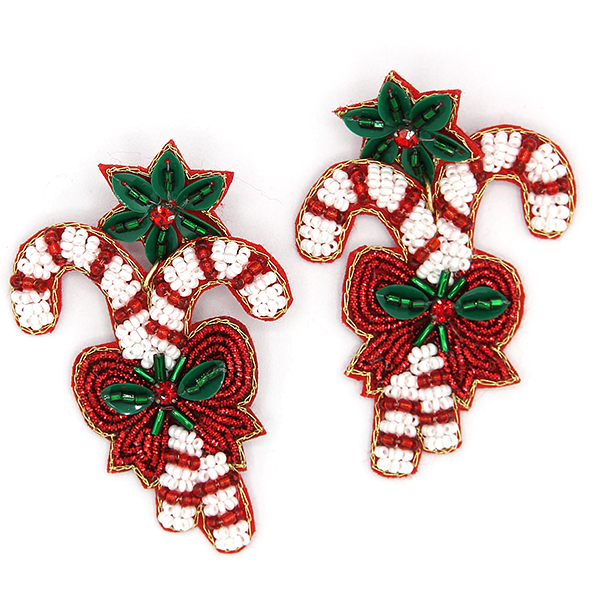 Candy Cane Beaded Earrings- Red