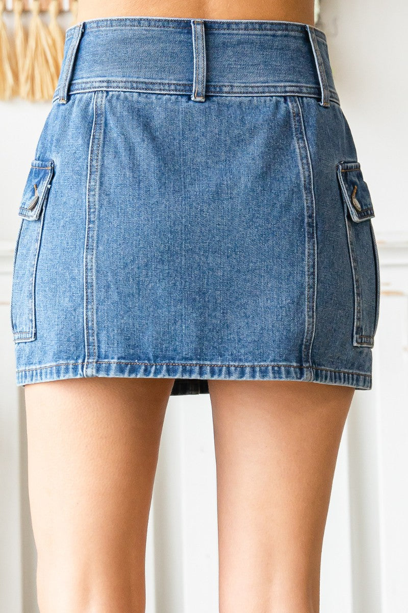 Mid Rise Denim Cargo Mini Skirt