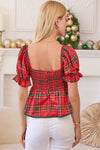 Plaid Lace Trim Baby Doll Puff Sleeve Top - Red