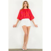 Floral Balloon Sleeve Blouse - Red