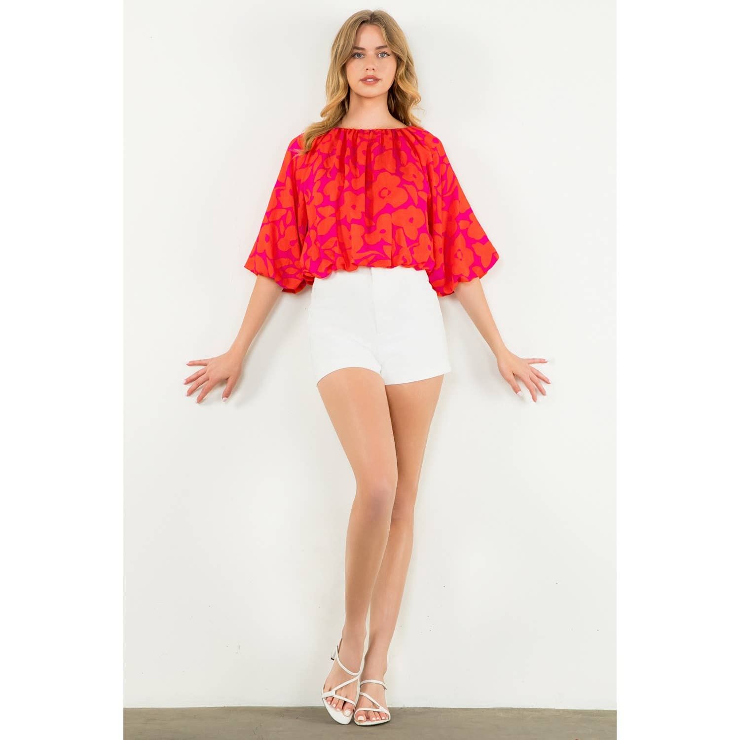 Floral Balloon Sleeve Blouse - Red