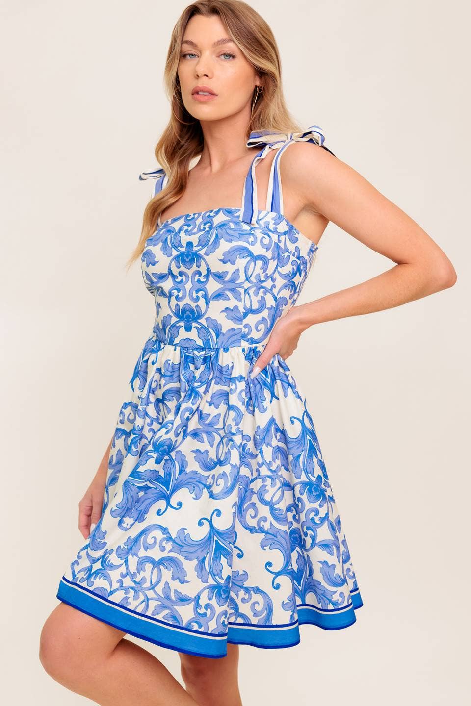 Printed Woven Mini Dress - Blue/Ivory
