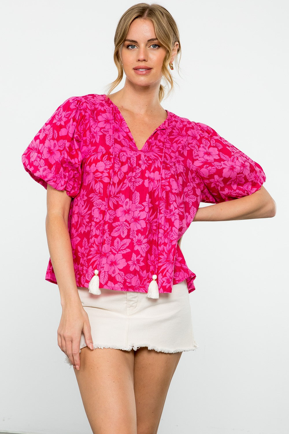 Floral Puff Sleeve Blouse - Pink