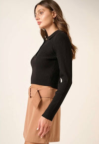 Polo Knit Cropped Top - Black