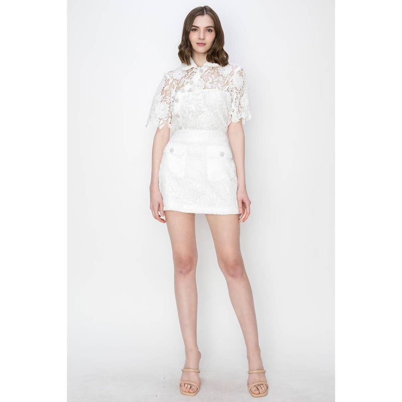 Lace Floral Crochet Mini Skirt - White