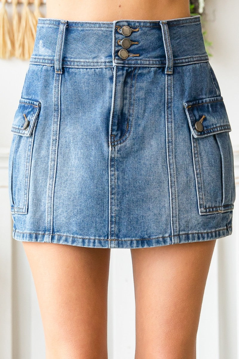 Mid Rise Denim Cargo Mini Skirt