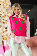 Sequin Tree Vest - Hot Pink