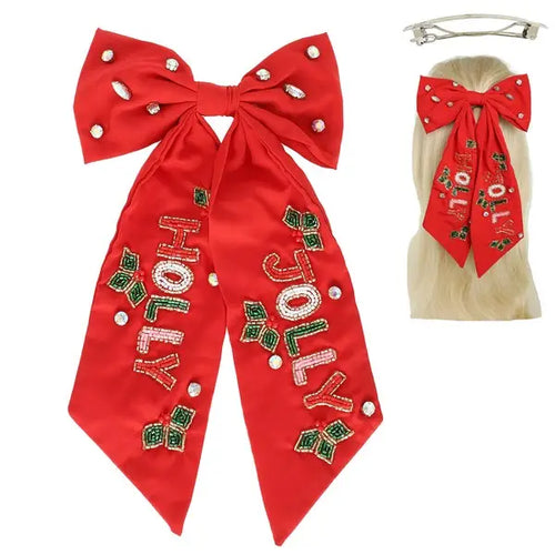 Holly Jolly Beaded Hair Bow - Red