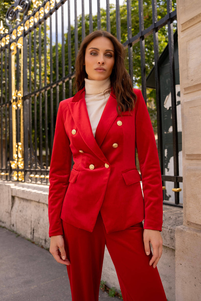 Natasha Velvet Fitted Blazer - Red