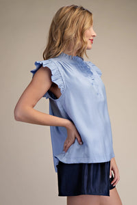 Ruffle Button Up Blouse - Dusty Blue