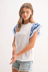 Floral Striped Sleeve Blouse - Blue