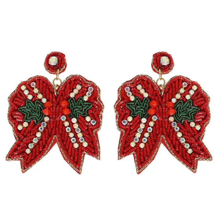 Beaded Bow Earrings - Red