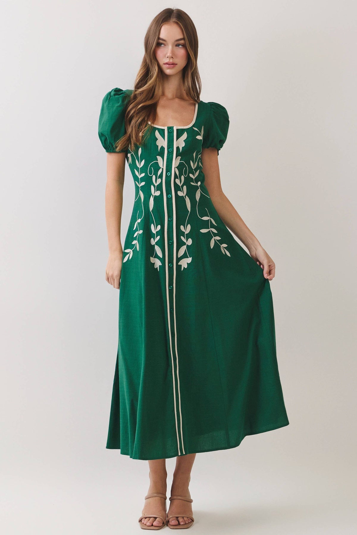 Puff Sleeve Midi Dress - Green