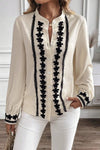 Floral Embroidered Stand Neck Blouse - Beige