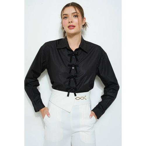 Rhinestone Bow Blouse - Black