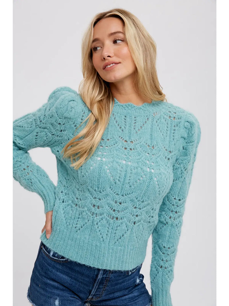 Pointelle Puff Sleeve Sweater - Mint