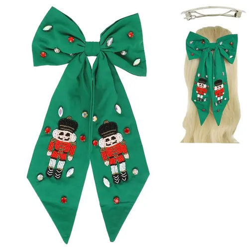 Nutcracker Beaded Hair Bow - Green