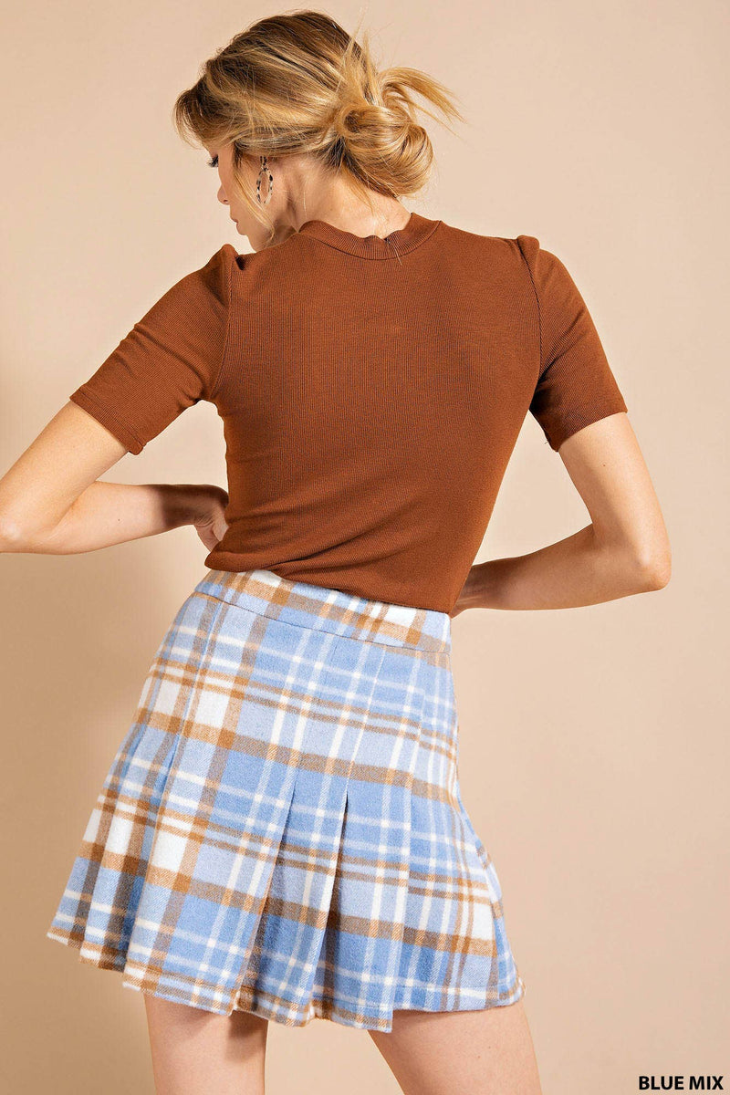 Plaid Pleated Mini Skirt - Blue