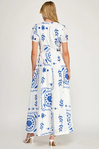 Tile Print Maxi Dress - Off White/Blue
