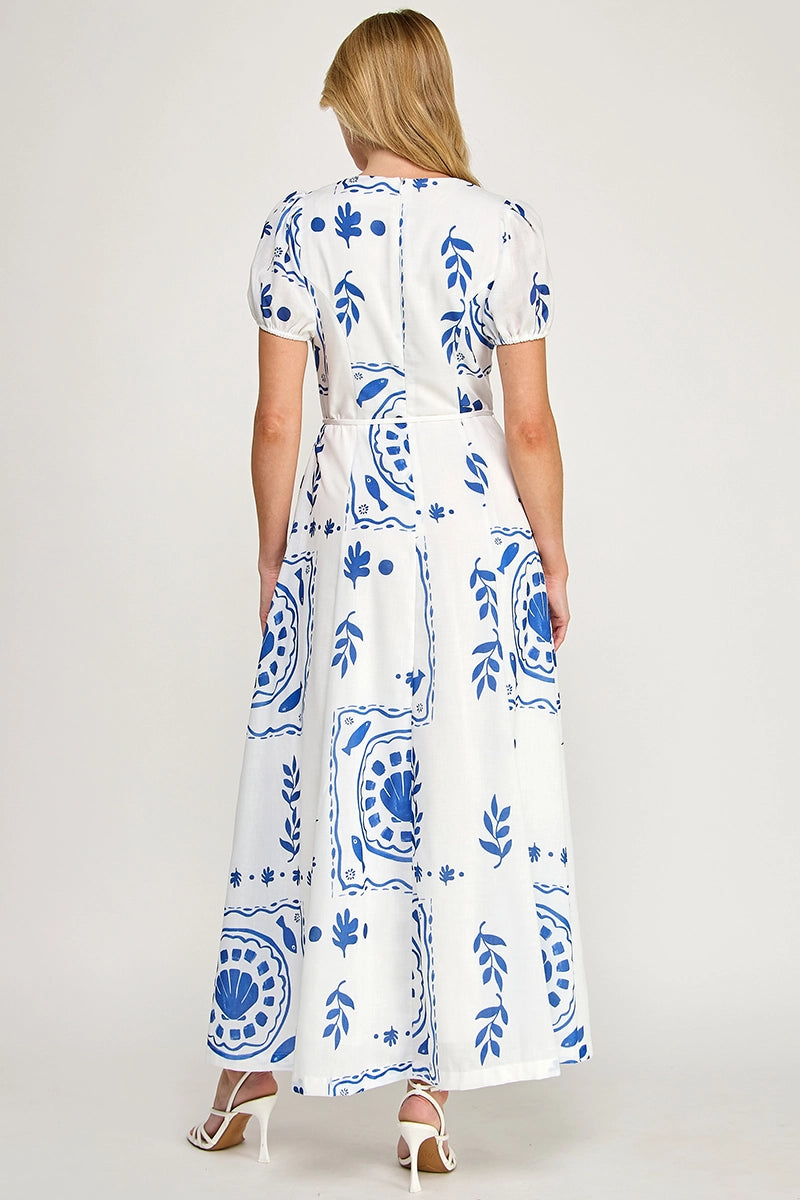 Tile Print Maxi Dress - Off White/Blue