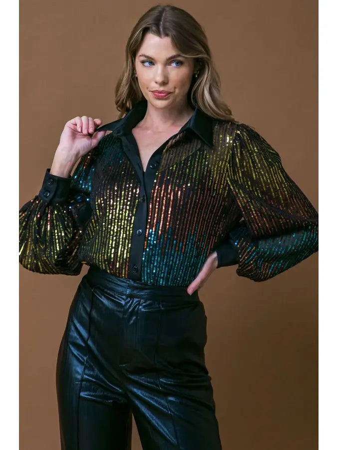 Sequin Button Up Blouse