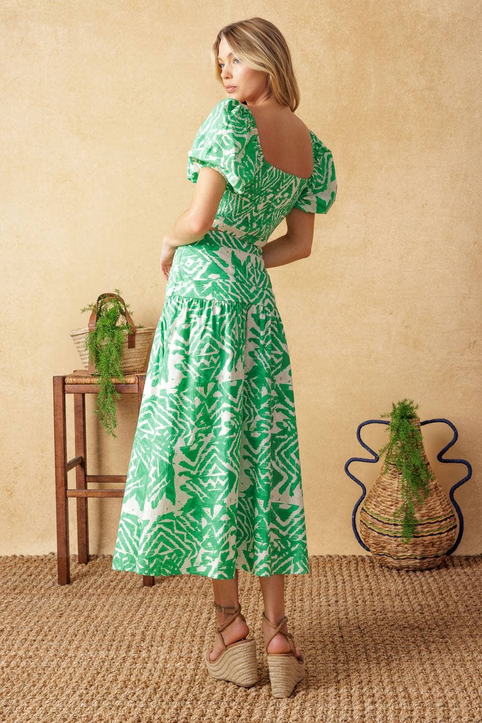 Pleated Floral Midi Skirt - Green Ivory