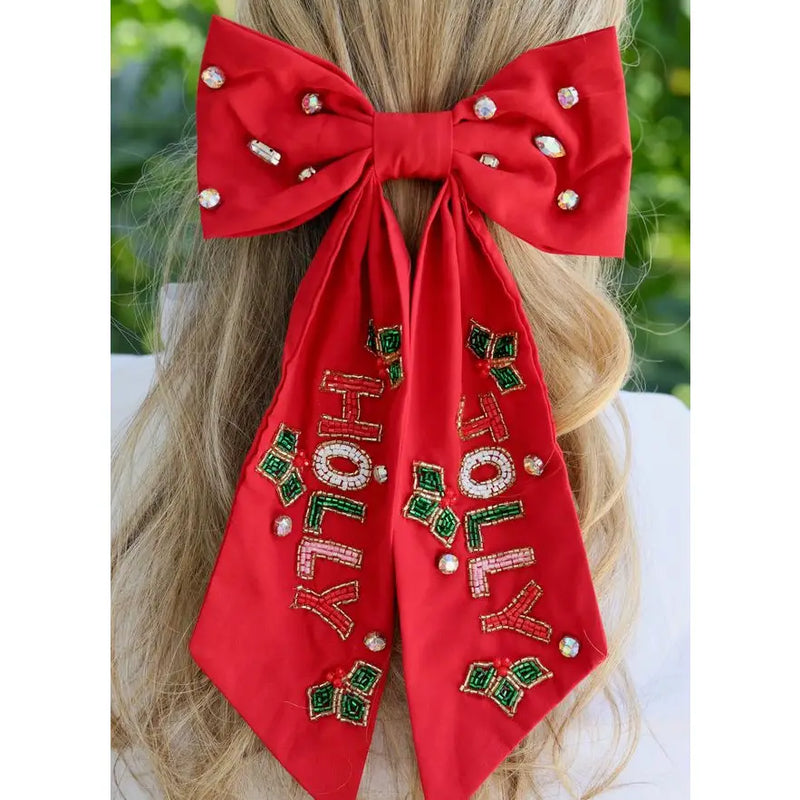 Holly Jolly Beaded Hair Bow - Red