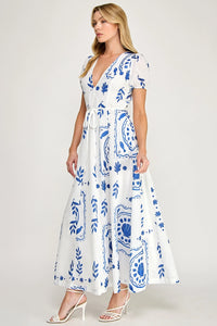 Tile Print Maxi Dress - Off White/Blue