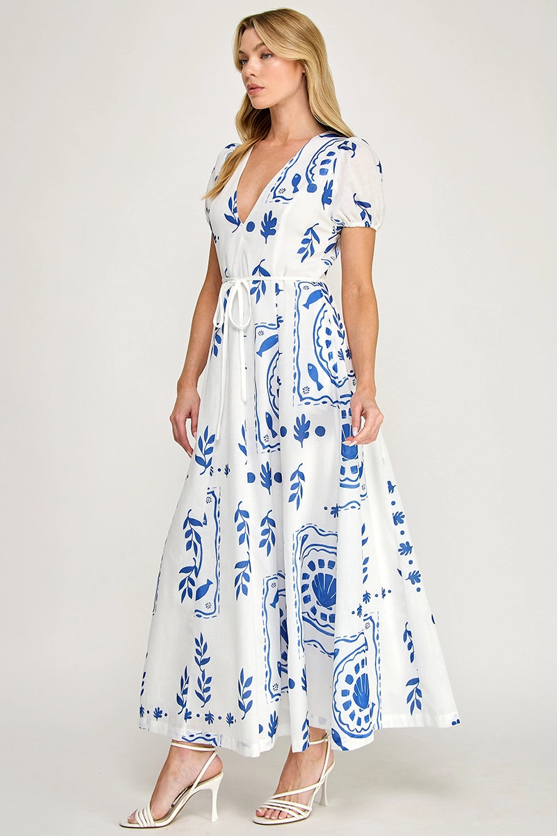 Tile Print Maxi Dress - Off White/Blue