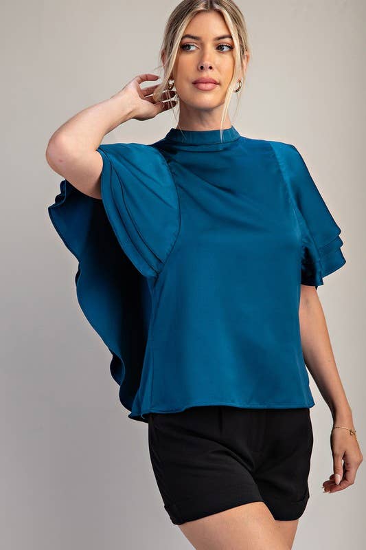 Satin Ruffle Top - Teal
