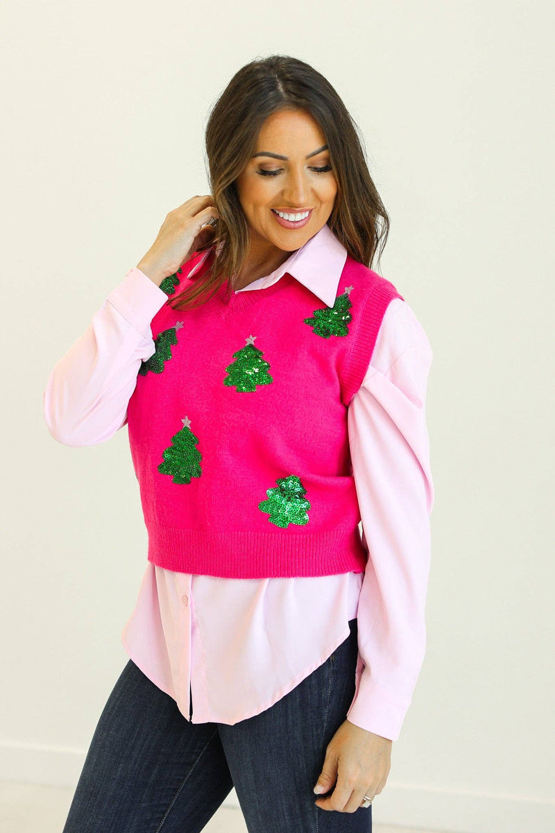 Sequin Tree Vest - Hot Pink