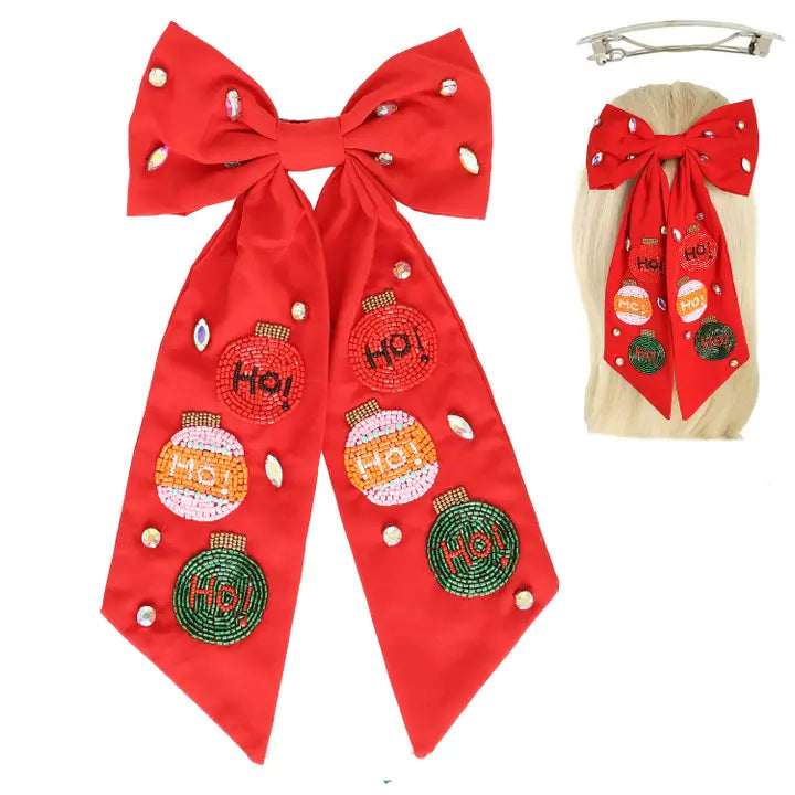 Ho Ho Ho Beaded Hair Bow - Red