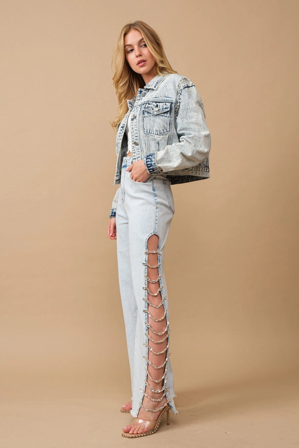 Jeweled Side Cut Jeans - Light Wash - Glam Rodeo