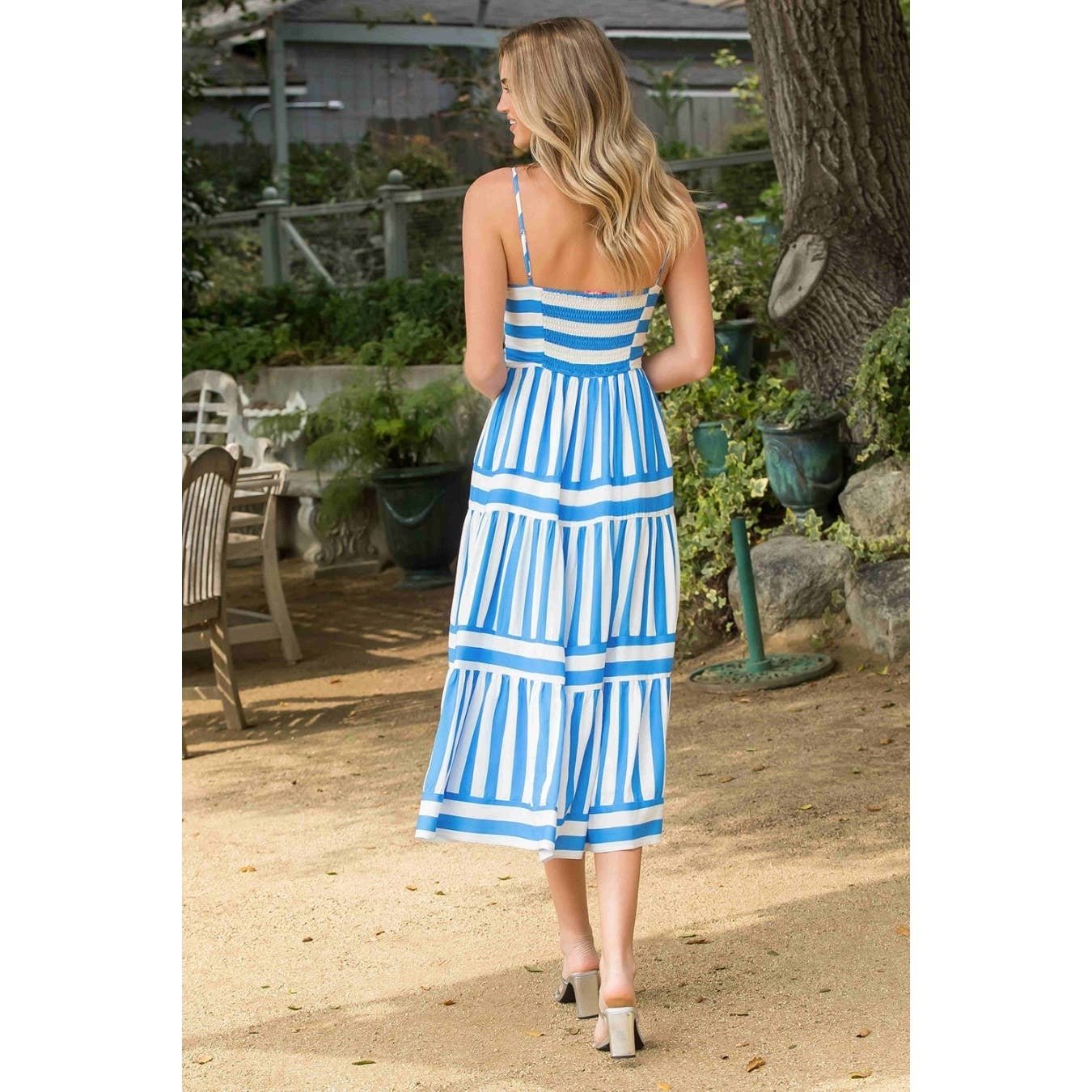 Striped Tiered Midi Dress - Blue