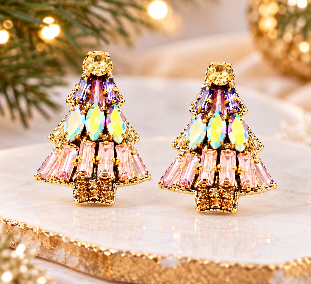Christmas Tree Beaded Earrings - Pink