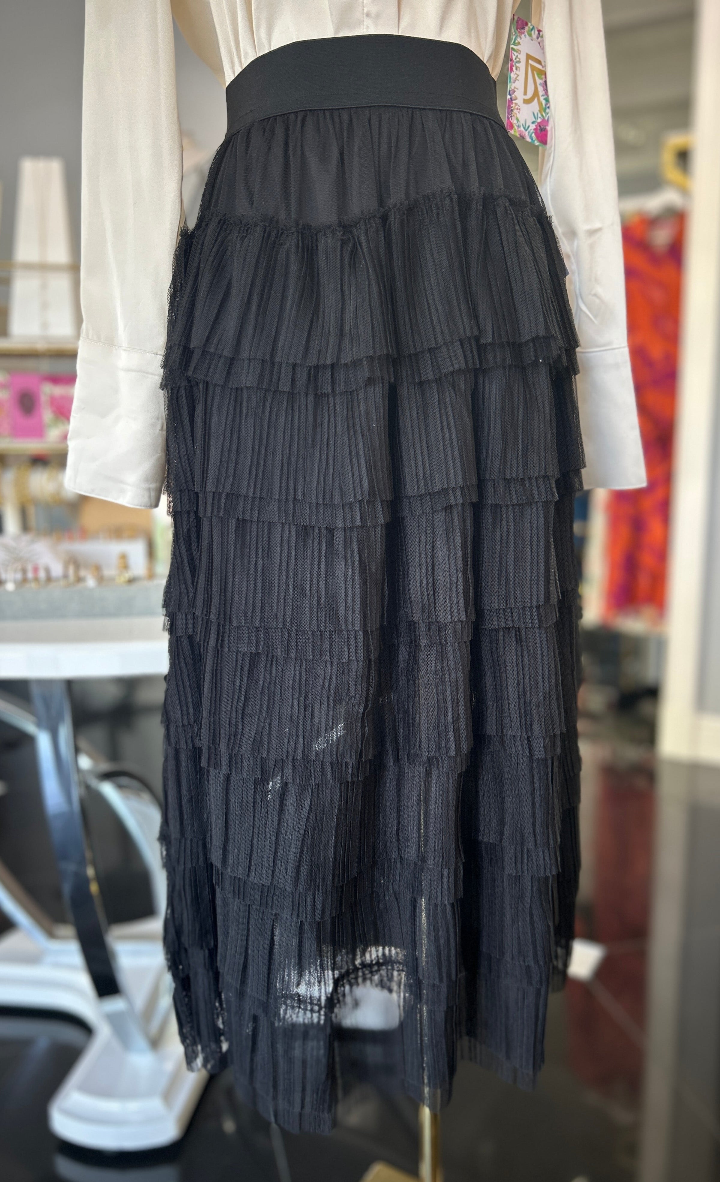 Tulle Tiered Midi Skirt - Black