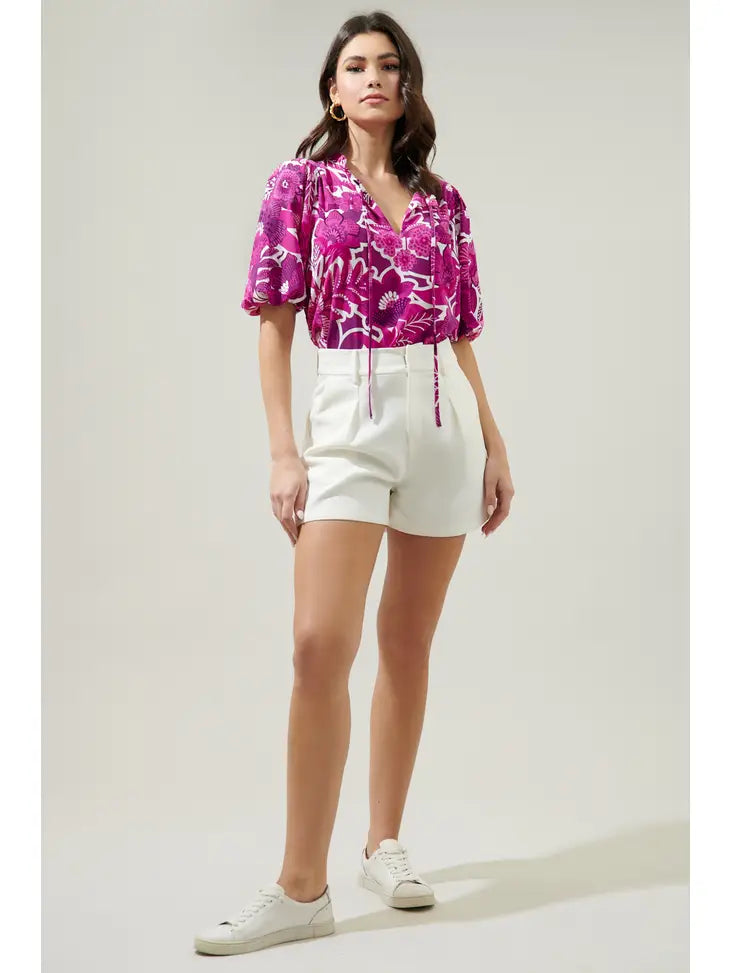 Floral Orchid Purple Puff Sleeve Blouse