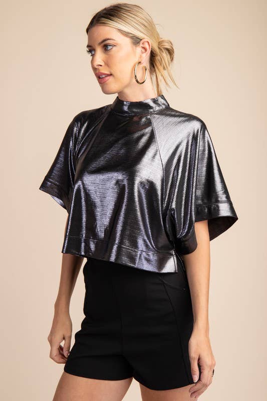 Metallic Mock Neck Top - Silver